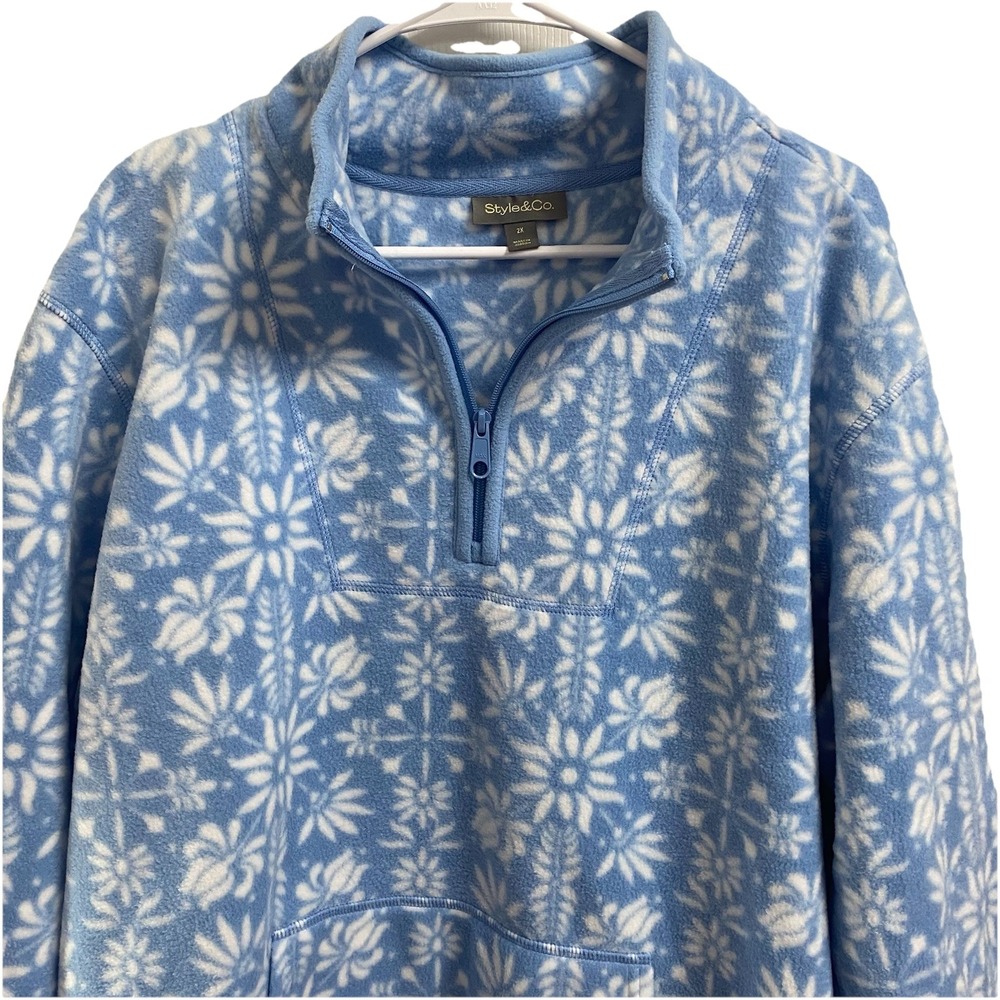 Style&Co Women Blue& White Snowflake Quarter-Zip‎ Fleece Pull Over Sweater Sz.2X